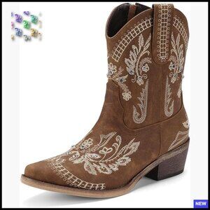 Rhinestone Embroidered Ankle Cowboy Boots Chunky Heel Western Booties Pull On